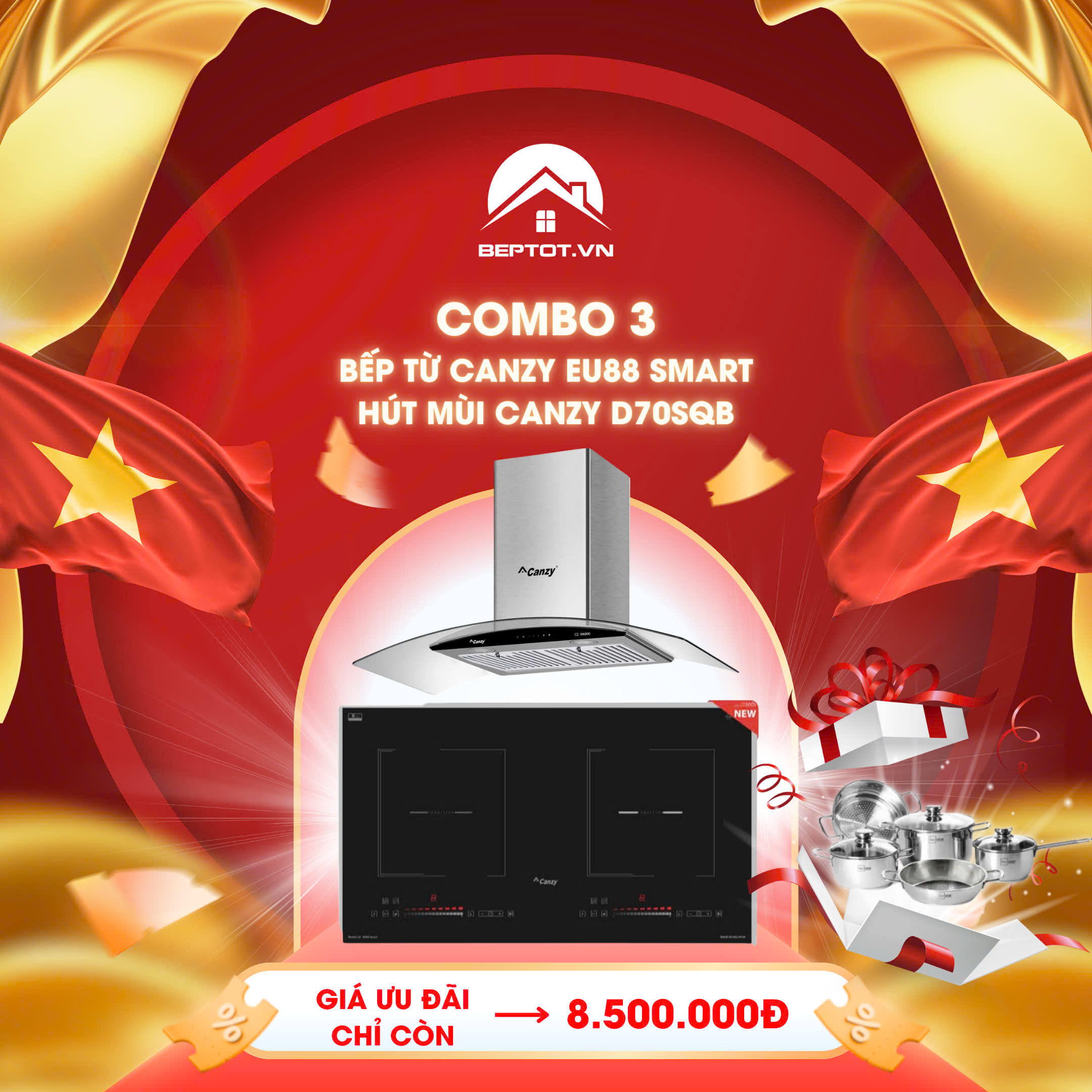Combo 3: Bếp Từ Canzy CZ EU88 Smart + Máy Hút Mùi Canzy CZ - D70SQD Giảm 59% Chỉ Còn 8.500.000 VNĐ + Tặng Bộ Nồi Five Star Trị Giá 1.550.000 VNĐ - Bếp Từ Canzy CZ EU88 Smart Mặt kính ELCD Platinum Ceramic cao cấp sang trọng, chịu lực, chịu nhiệt tốt, dễ dàng vệ sinh và bảo vệ người dùng. Ứng dụng công nghệ Inverter, giúp tiết kiệm tới 30% điện năng so với các dòng bếp thông thường Chế độ sôi liu riu và chức năng hâm nóng Warm cho phép bạn nấu các món hầm, giữ ấm ở mức nhiệt ổn định mà không sợ bị trào, tiện lợi cho những bữa ăn thơm ngon trọn vị. >>> Tham khảo chi tiết sản phẩm tại đây - Máy Hút Mùi Canzy CZ - D70SQD Kiểu dáng kính cong gắn tường sang trọng Điều khiển phím bấm 3 tốc độ, công suất hút mạnh 1100m3/h Đèn Led siêu sáng tiết kiệm điện Lưới lọc mỡ bằng Inox, chế độ hút đẩy ra ngoài hoặc khử mùi bằng than hoạt tính >>> Tham khảo chi tiết sản phẩm tại đây