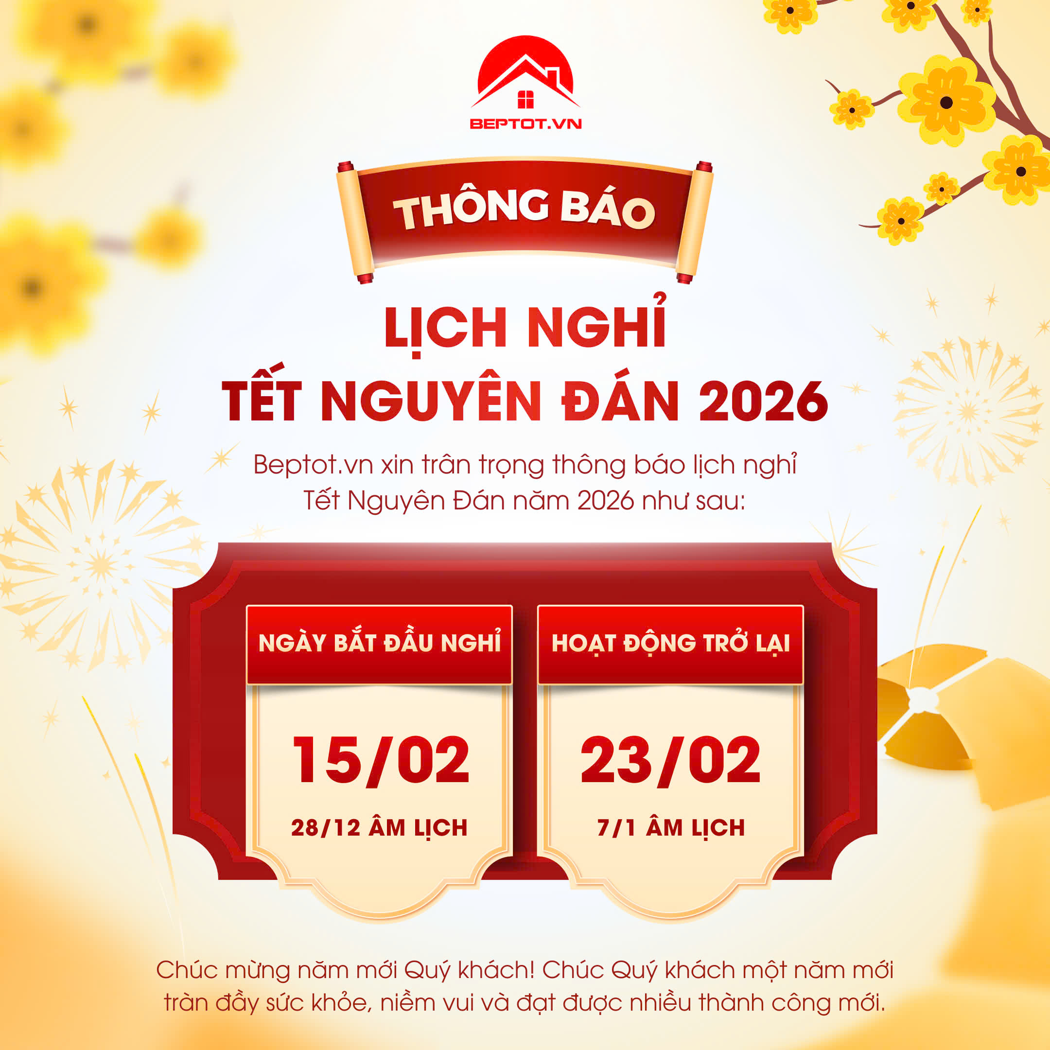 THÔNG BÁO NGHỈ TẾT NGUYÊN ĐÁN 2026 - BEPTOT.VN